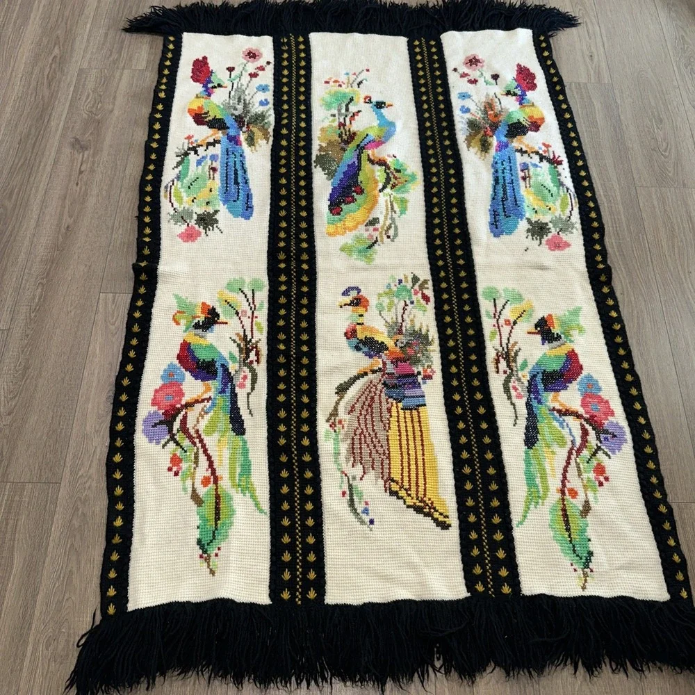Vintage Peacock Bird Handmade Needlepoint Throw‎ Blanket 46 X 72. EUC